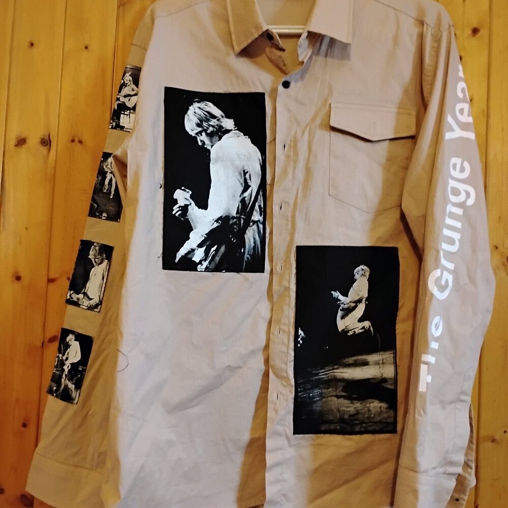 Vintage Cream Nirvana Kurt Cobain Button Up Long Sleeve Shirt XL Open Grunge